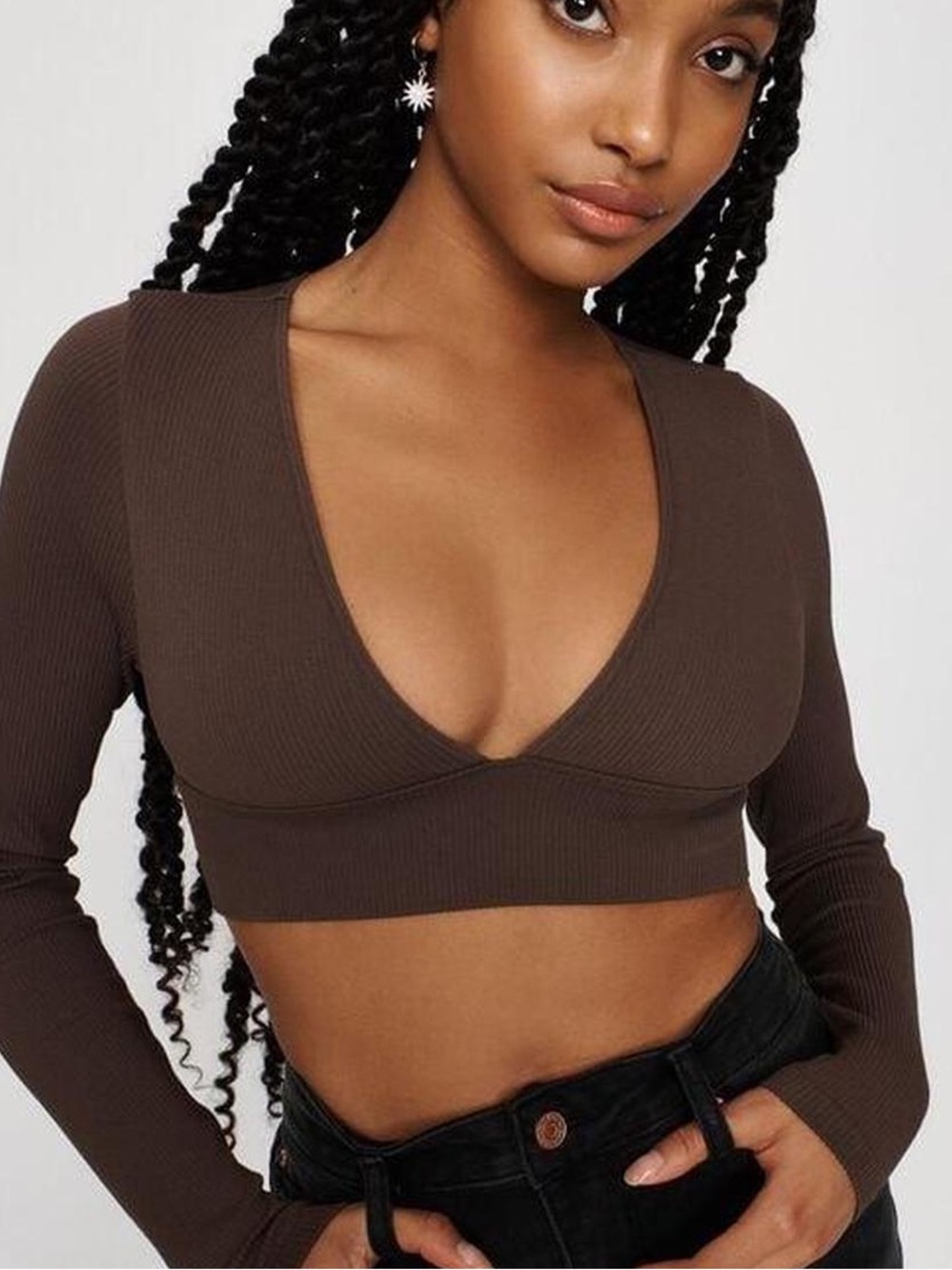 Ribbed Deep V Cropped Top - Brown